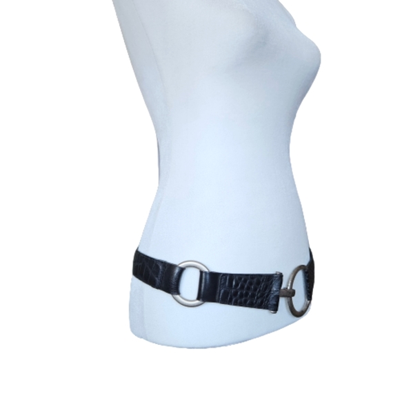 Landes black croc textured leather belt rustic silvery hook & eye buckle size M - Picture 6 of 15